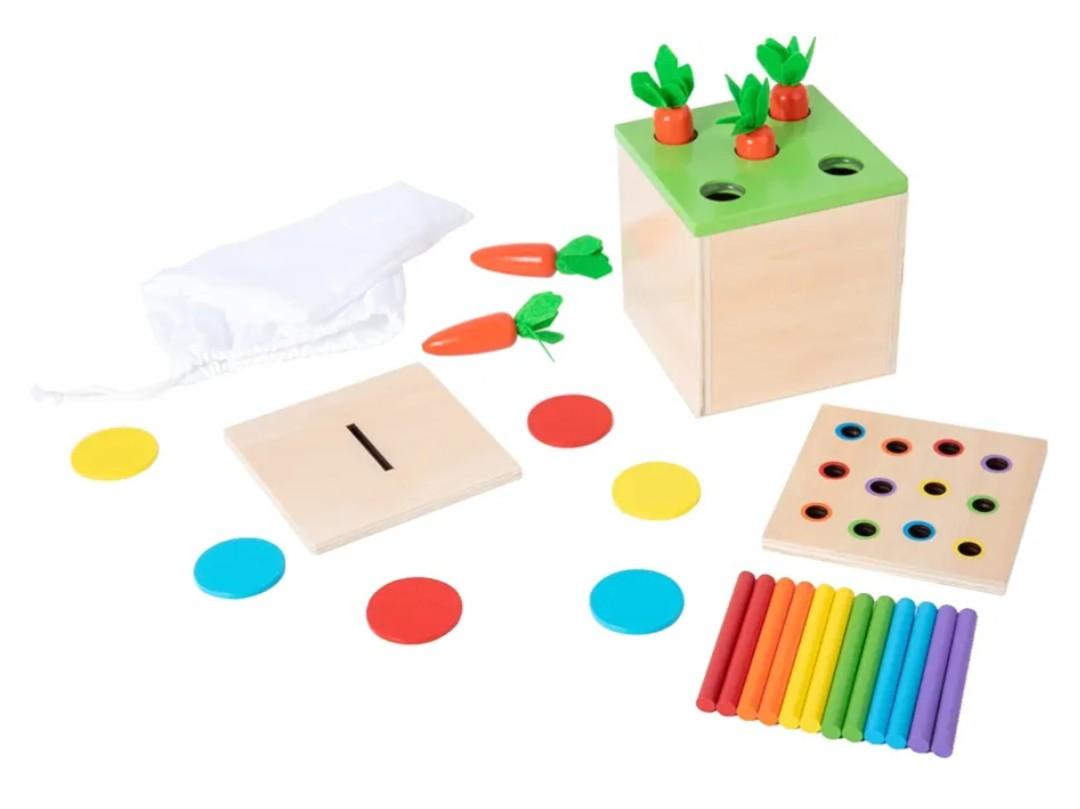Adena Montessori 3 for 1 Wooden Montessori Play Kit Baby Toys,includes Matchstick Color Drop Game,Carrot Harvest Game and Coin Box,Learning Toy for Kid 1,2,3 Year Old,Girl Boy Gift for Baby 6-12 Month