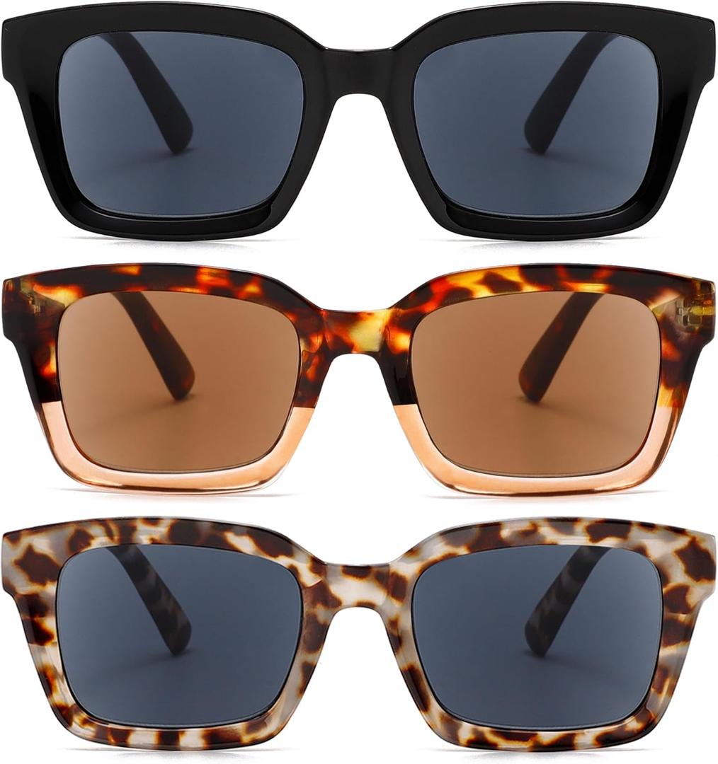 3 Pack Reader Sunglasses Square Reading Sunglasses Women Spring Hinge Stylis Ladies Full Lens UV400 Outdoor (Black, Tea Tortoise Shell, White Tortoise Shell)