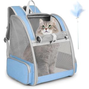 Cat Backpack Carrier, Large Pet Backpack with Kitten Wand Feather Toy for Medium Small Dog Cat Puppy Kitty Bunny up to 15lbs, Ventilated Mesh Dog Travel Carrier for Hiking Walking Outdoor Use (Blue)