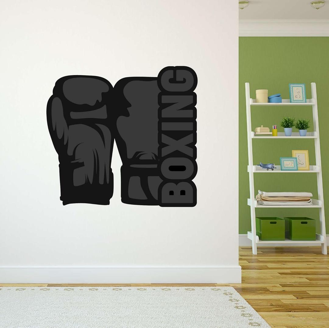 Wall Decal Boxing Cute Health Wall Sticker Word Boxing Lettering with Cute Boxing Gloves Removable - Size: 30 in(W) x 27 in(H) (Black)