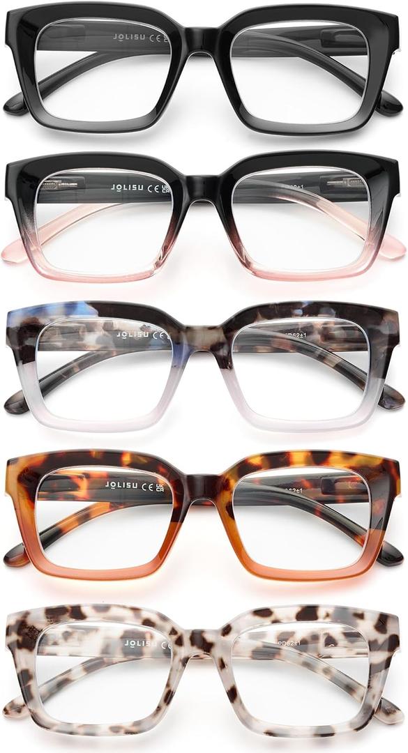 JOLISU 5 Pack Reading Glasses for Women, Blue Light Blocking Computer Readers,Square Eyeglasses with Spring Hinge