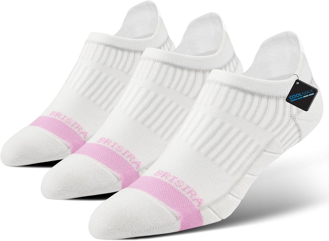 BRISIRA Coolmax Bamboo Viscose Women Compression Running Ankle Socks No Show Athletic Wicking Thick Cushioned Arch Support (8-10, 3 Pairs White)