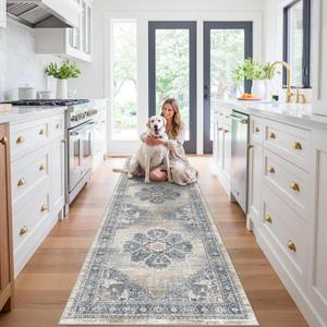 YOUFORTONG Washable Runner Rug 3x12: Indoor Vintage Soft Kitchen Runners Non-Slip Rubber Backing Stain Resistant Hallway Entryway Carpet Ultra Thin Floor Decor Mat for Living Room Bedroom (Blue, 3x12)