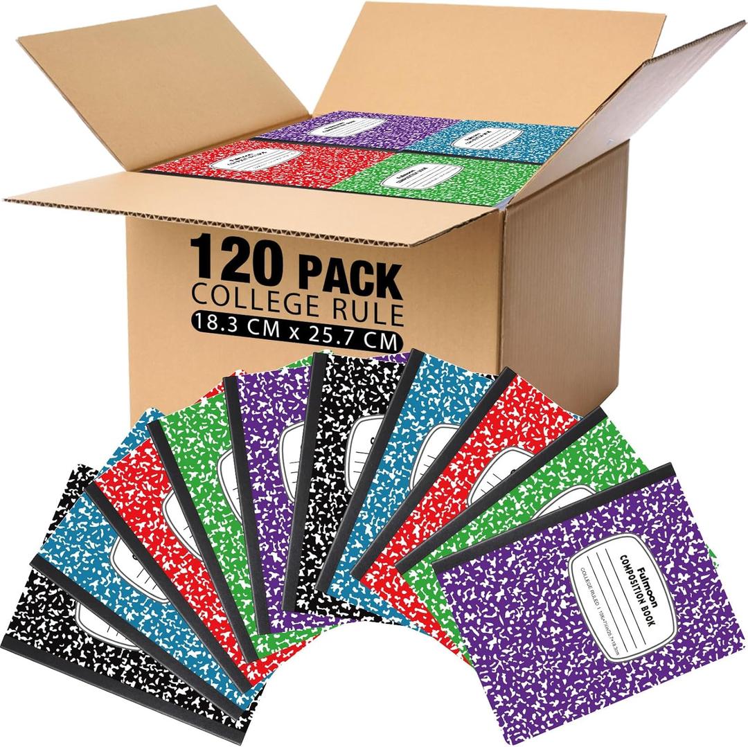 Fulmoon 120 Pack Composition Notebook Bulk 10.12 x 7.2'' Composition Notebook Pack 30 Sheets/60 Pages Marble Covers Composition Notebooks for College School Office Supplies 5 Colors (College Ruled)