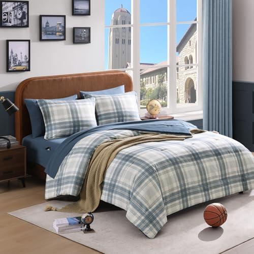 AMBERSPACE Plaid Queen Comforter Set, Blue Grey Bedding Set 7 Piece for Boys Girls Teen, Classic Homestead-Style Kids Comforter Set Bed in A Bag with Sheets, Pillowcases & Shams