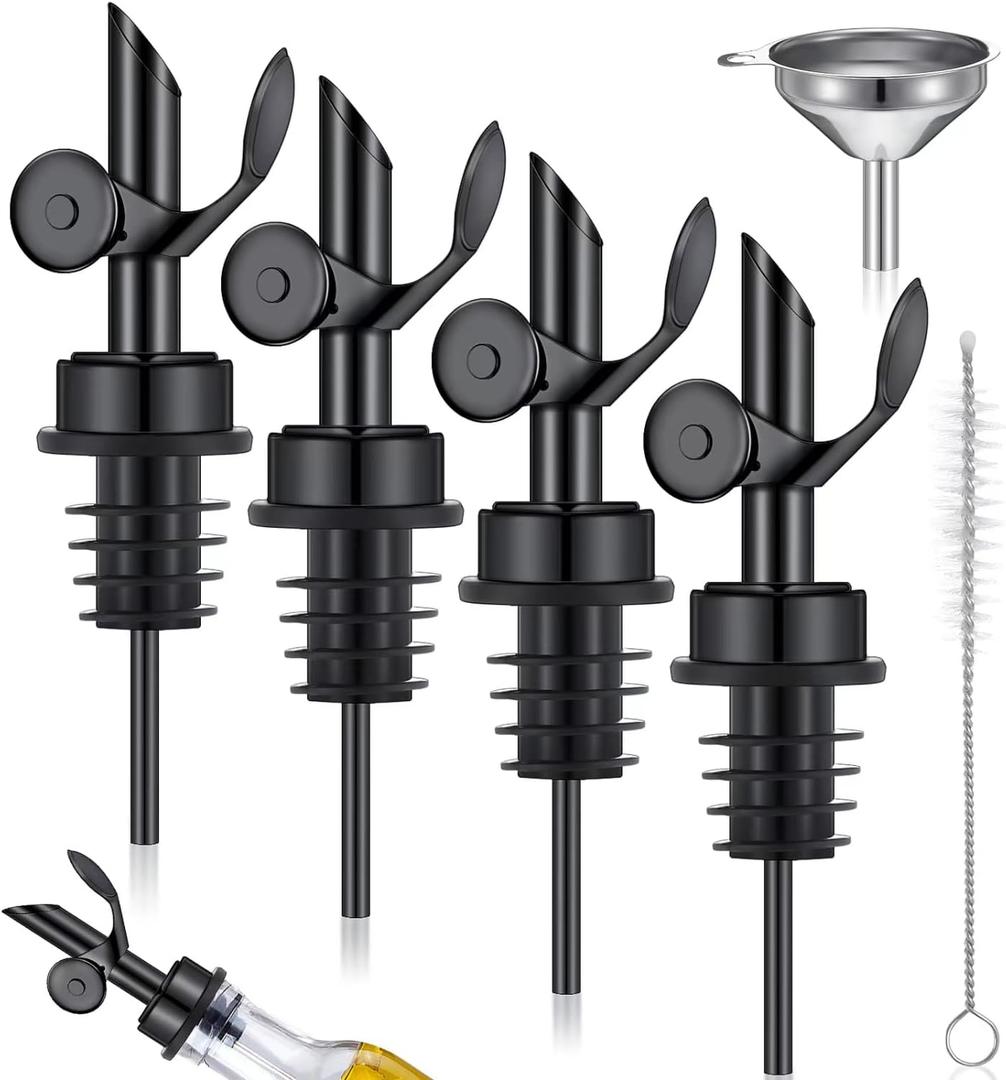Tioncy 4 Pieces Weighted Stainless Steel Pourers Olive Oil Spout Olive Oil Dispenser Spout Automatic Opening and Closing with Funnel and Brush for Pouring Wine Syrup Kitchen(Black)
