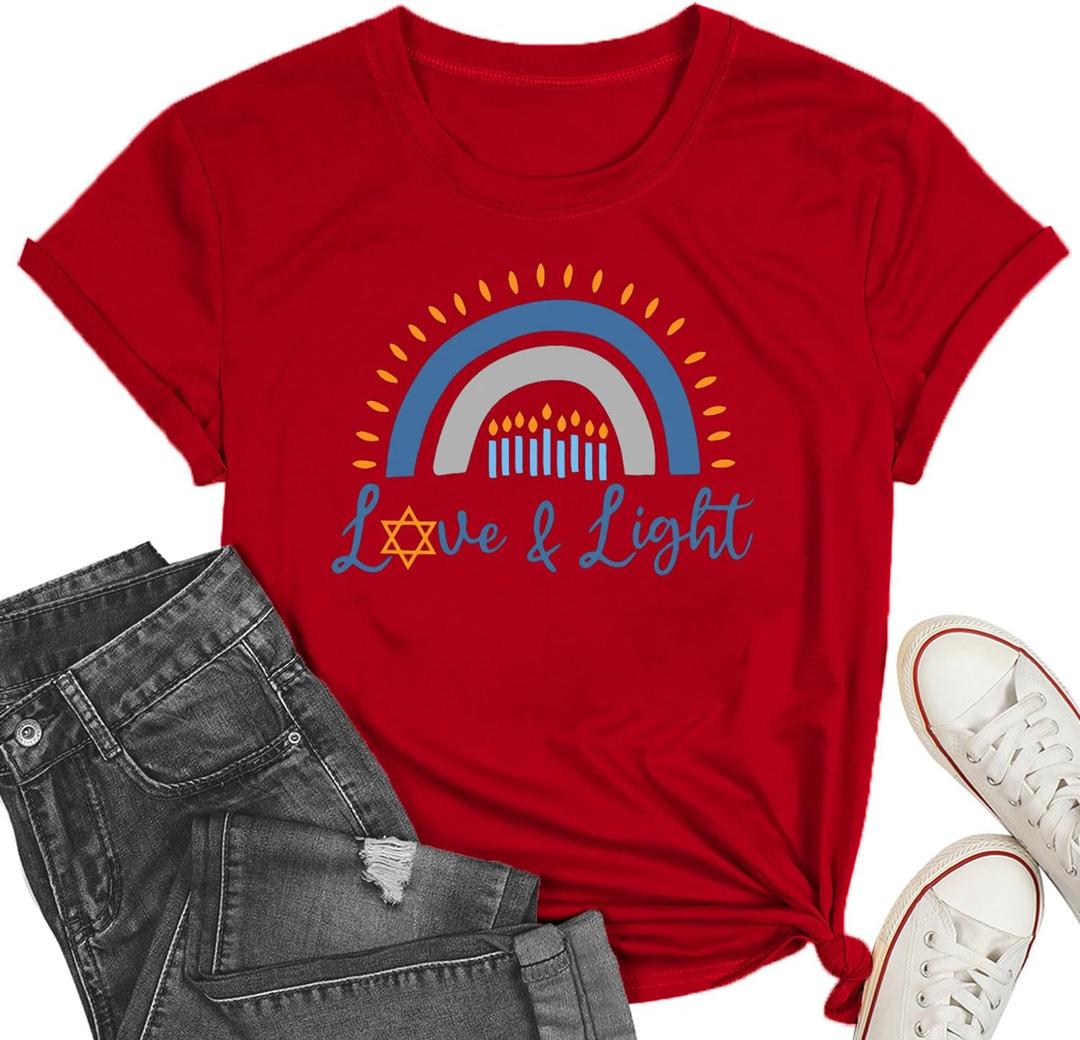 Hanukkah Menorah Shirt for Women Jewish Tee Shirt Love and Light Hanukkah T-Shirt Jewish Celebration Tops (XX-Large, Red)