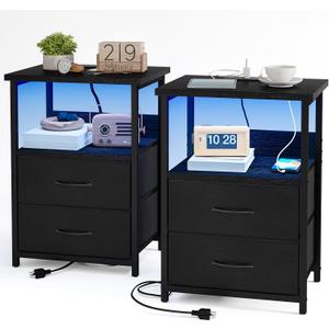 Fixwal Nightstand Set of 2 Night Stand with Charging Station, LED Nightstand with Fabric Drawers, End Table with PU Finish, Bed Side Table, Black