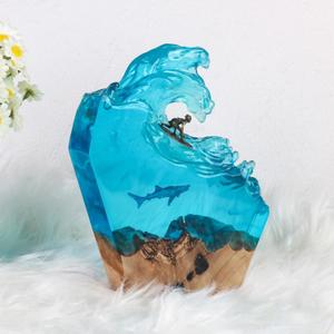 Resin LED Ocean Surfing Night Lamp, Handmade, Wooden Epoxy Resin Bedside Table Lamp, Ideal Decorations for Office, Bedroom and Party Environments for Surfing Lovers