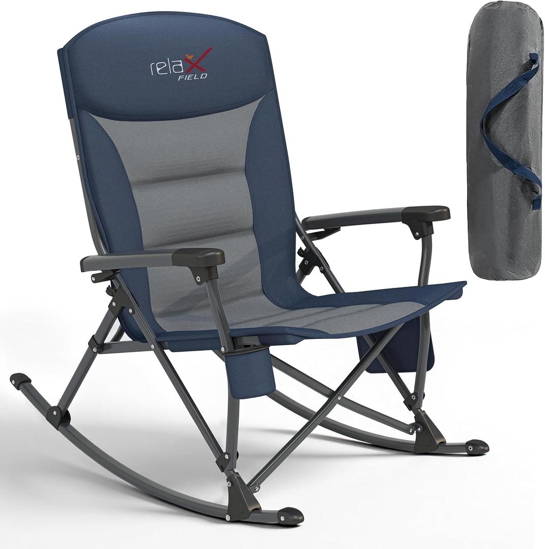 Rocking Camping Chair for Adults, Portable Folding Rocker Chair with Cup Holder and Side Pocket, Outdoor Chair, Navy