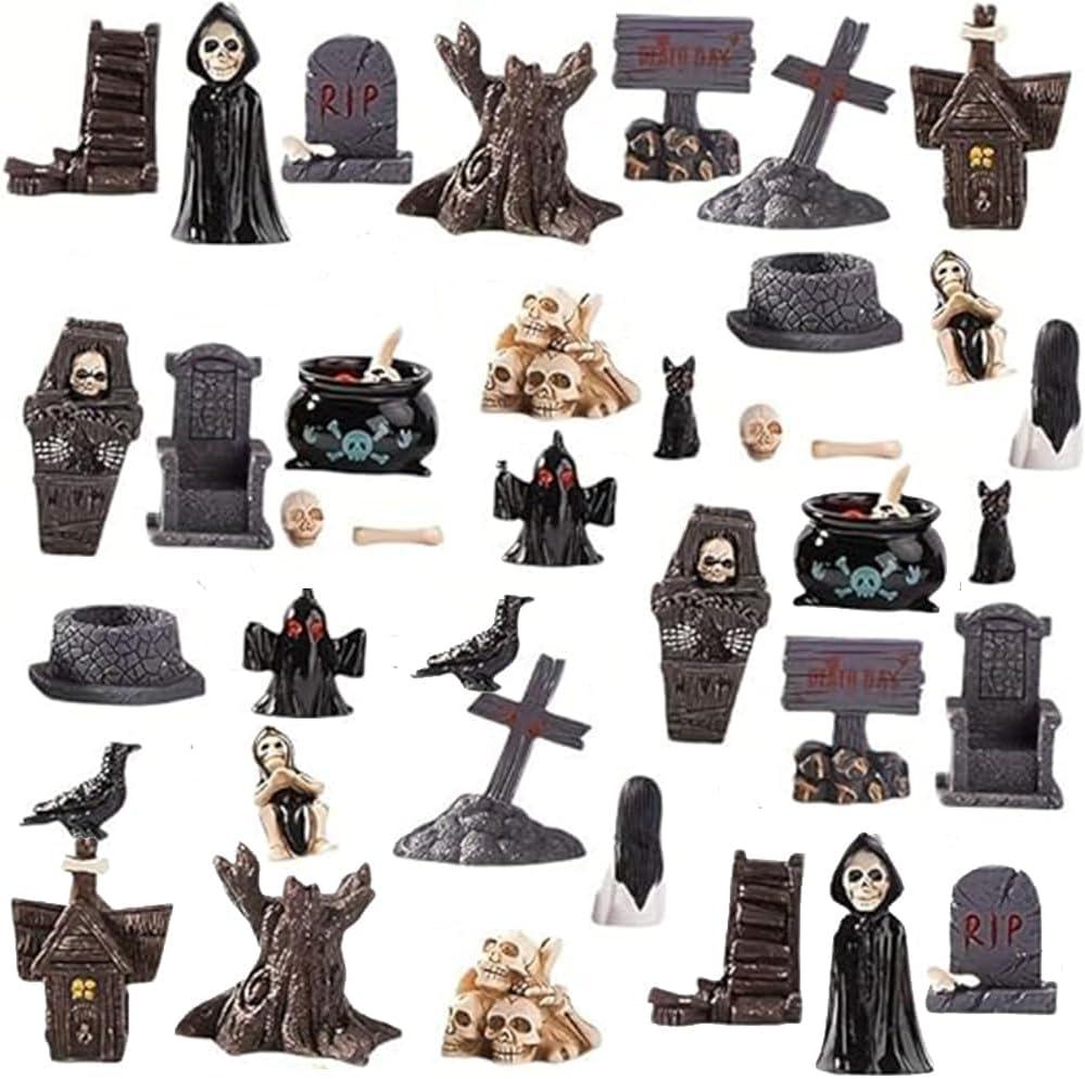 Halloween Resin Ornament Set -38pcs Mini Skull Head Mummy Ghost Day Horror Resin Decoration Home Desktop Creative Decoration Easter Gift