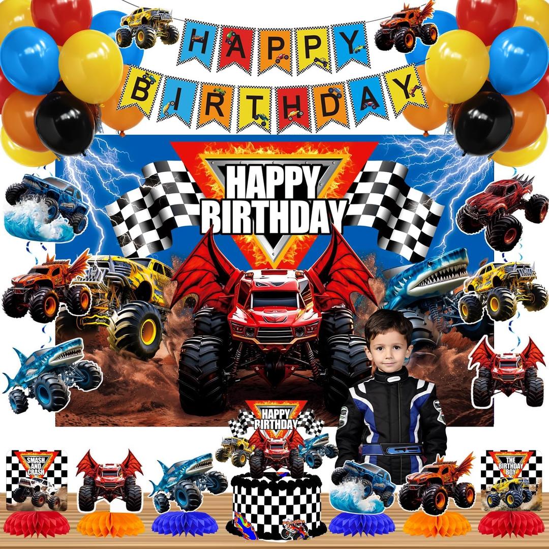 Monster Truck Birthday Party Decorations Racing Balloon Arch kit Happy Birthday Banner Monster Truck Honeycomb Centerpieces Hanging Swirls Backdrop Cake Topper