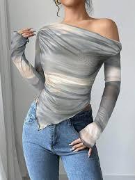 Women's Y2K Crop Top Long Sleeve Slim Fit Elegant Stretch Pullover One Off Shoulder Off Shoulder Asymmetric Sexy Tight Tops Long Sleeve T-Shirts Top, S