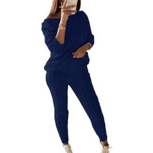 Lucuna Women's 2025 Fall Sweater Set 2 Piece Outfits Cable Knit Chunky Crew Neck Pullover Top Pants Loungewear (Large, 1-Blue)