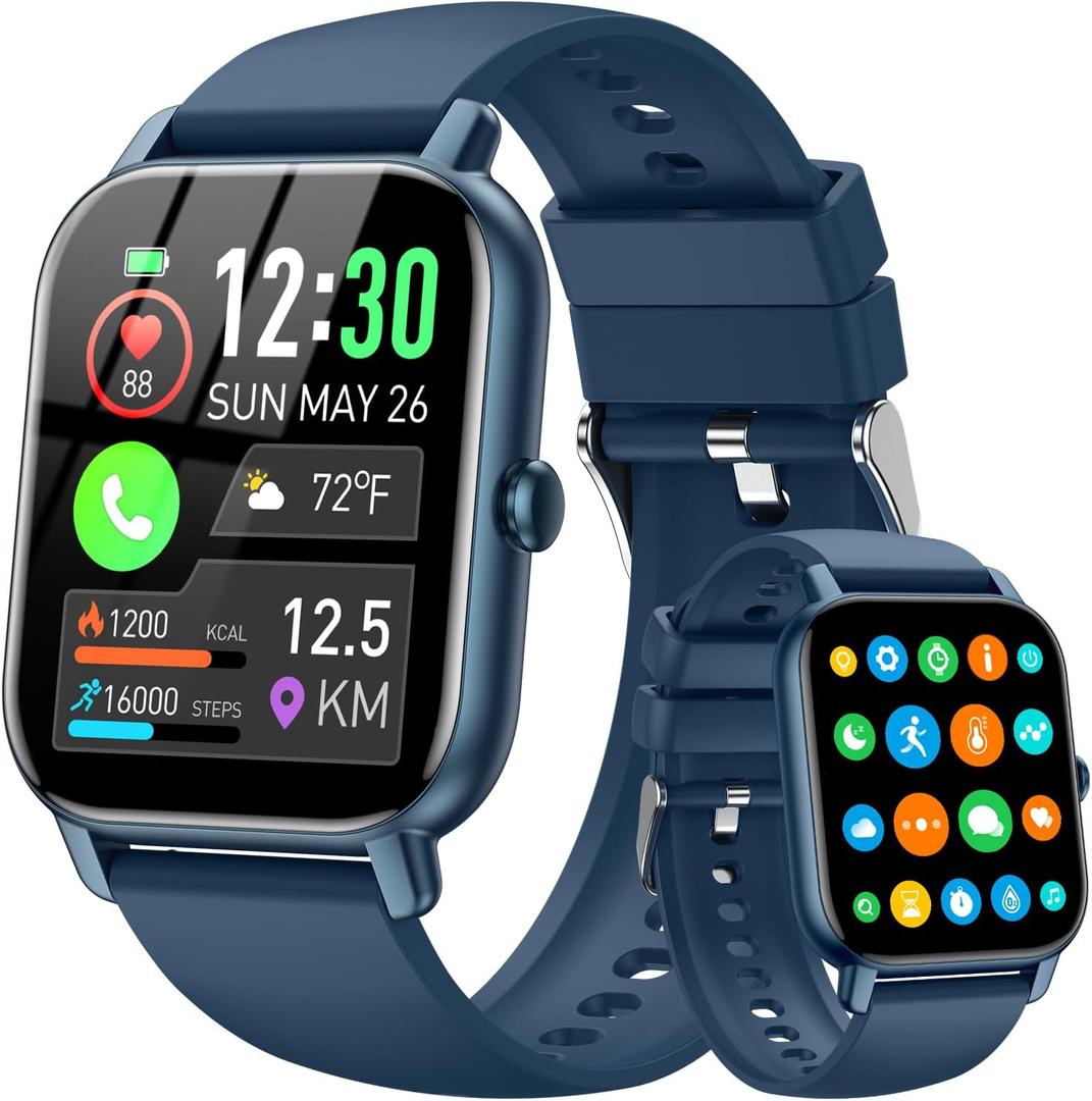 Smart Watch for Men Women,1.85 inch Bluetooth Fitness Tracker Step Counter/Sleep Monitor,110+ Sports Modes,IP68 Waterproof Smart Watch Compatible with iPhone Samsung Android Phone (Blue, 1.85)