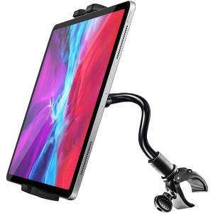 woleyi Gooseneck Spin Bike Tablet Mount, Elliptical Treadmill Tablet Holder, Indoor Peloton Stationary Exercise Bicycle Handlebar Clamp for iPad Pro Air Mini, Galaxy Tabs, Kindle, E-Book, 4-13" Device