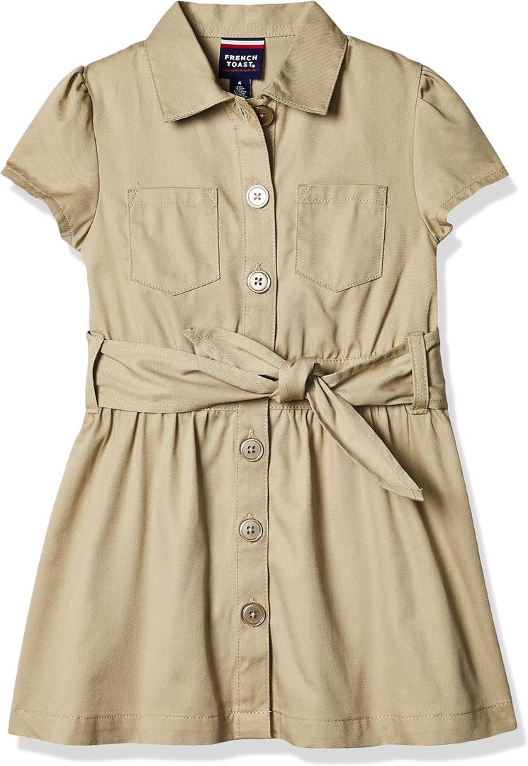 French Toast Girls Twill Safari Shirtdress Dress, Khaki Beige, 12 US
