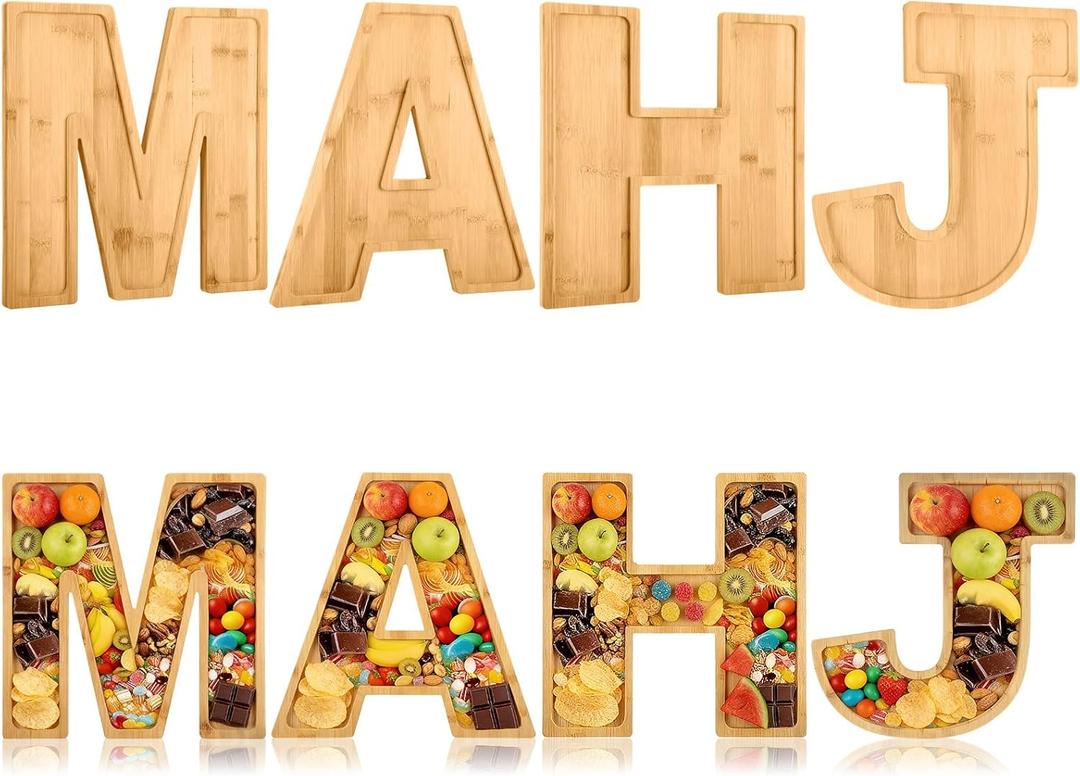 Weysat 4 Pcs Mahjong Charcuterie Board Wood Mahj Letters Food Serving Trays Dish Plates Fillable Fruit Snack Cake Cookies for Mahjong Lovers Party Decorative Platter Supplies, 11.8 x 11.8 x 0.6 Inch