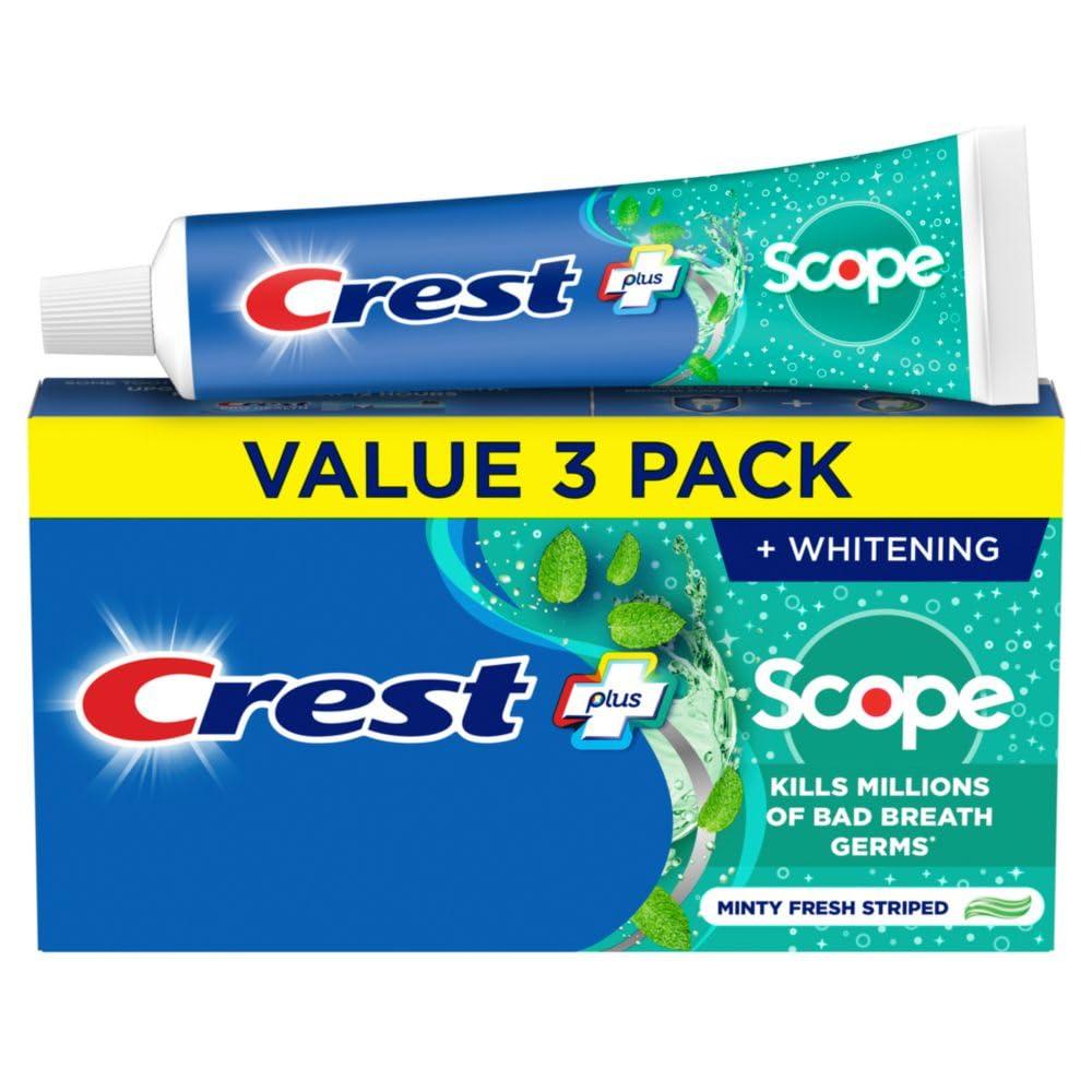 Crest + Scope Whitening Toothpaste - Pack of 3, 5.4 Oz Tubes - Anticavity Fluoride Toothpaste, Fresh Breath, Kills Germs - Tartar Protection, Enamel Protection - Minty Fresh Flavor, Best By January 2028