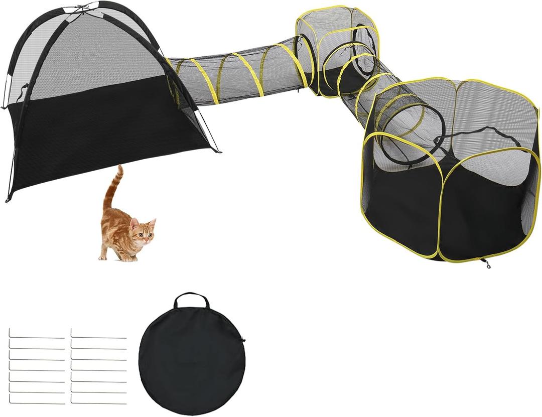 VINGLI Cat Tunnel, Portable Kitten Tent, Indoor & Outdoor Collapsible Enclosure, Large Catio, Outdoor Tunnels for Small Animals with Storage Bag (Black&Yellow, 5 in 1)