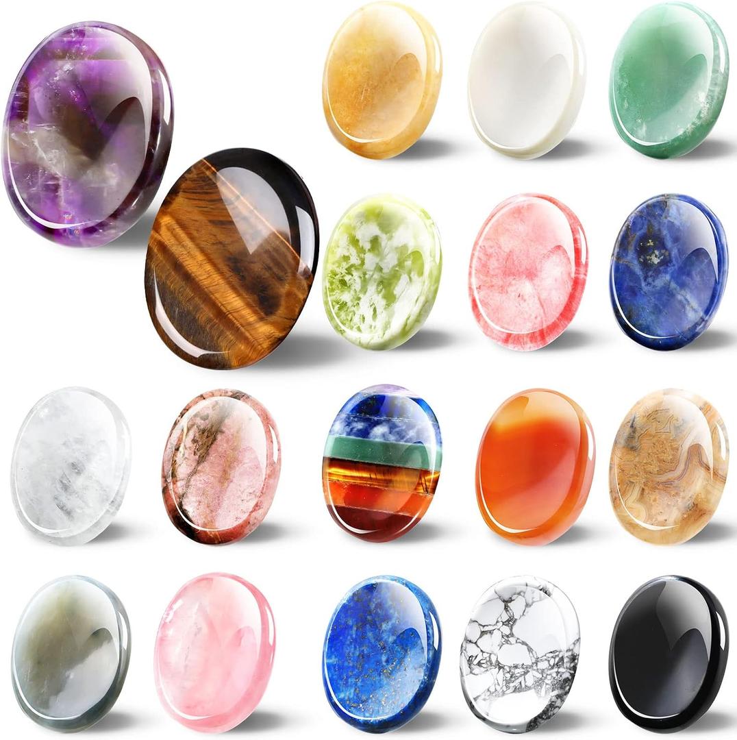 Fumete 18 Pcs Thumb Worry Stone for Anxiety Chakra Crystals Oval Chakra Stones Amethyst Tigers Eye Crystal for Anxiety Stress Relief Meditation Valentines Easter Gift Office Stress (Mixed Set)