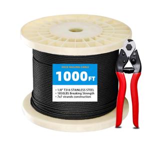 1000FT 1/8" Black Stainless Steel Cable 7x7 Strands Aircraft Deck Cable Railing Kit System T316 Wire Rope with Cable Cutter 1850 lb Breaking Strength, Metal Wire Cable for Fence