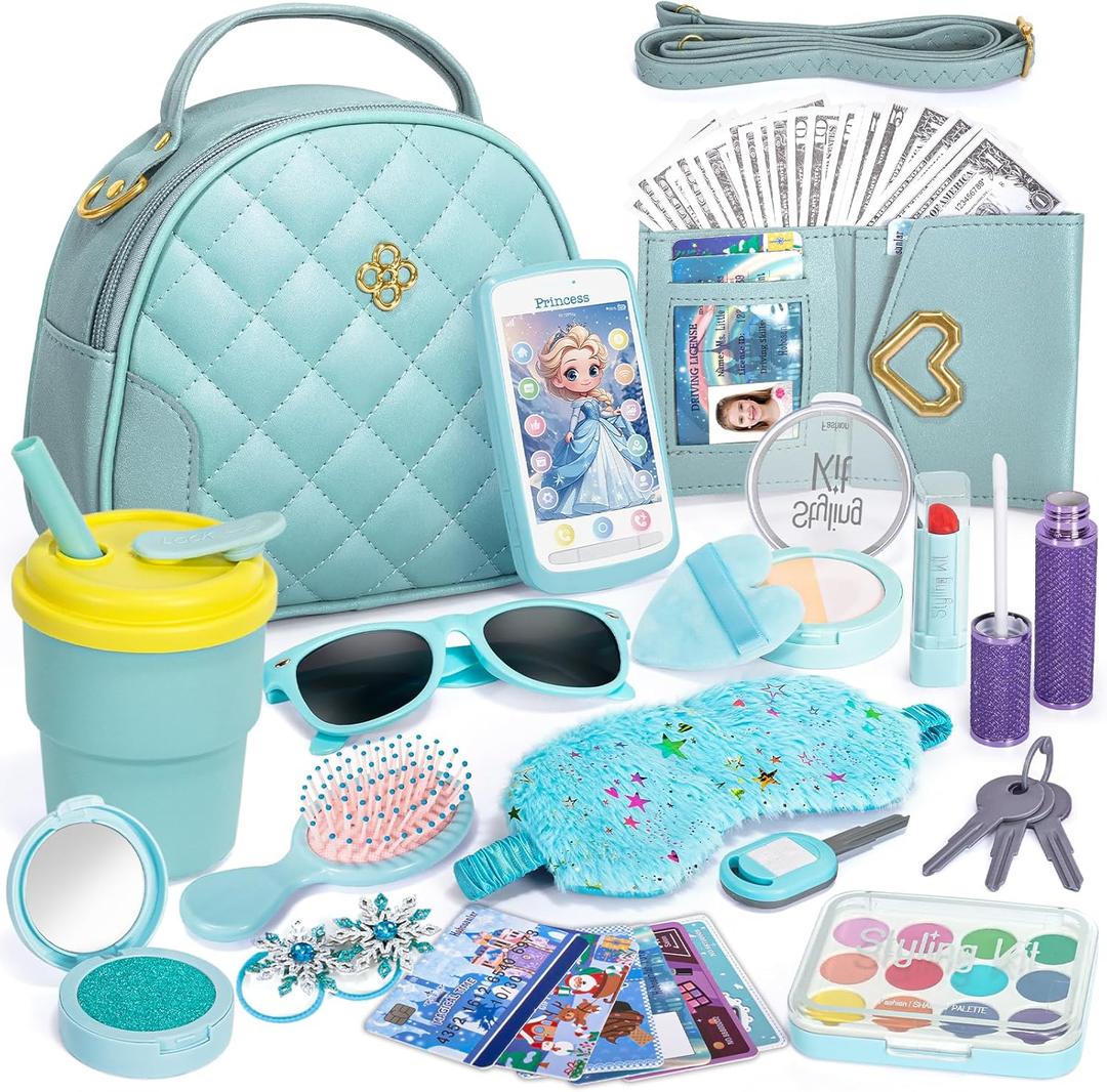 Play Purse for Little Girl, Princess Frozen Toy Purse with Accessories, Pretend Makeup Set, Handbag, Wallet, Water Bottle, Birthday Toy for Girl 3 4 5 6 7 8 Year Old