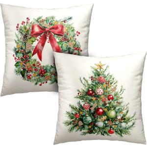 Set of 2 Christmas Tree Pillow Covers Xmas Wreath Throw Pillow Covers Red and Green Decorative Pillow Case 18x18 Winter Holiday Cushion Case for Home Decor Couch Sofa