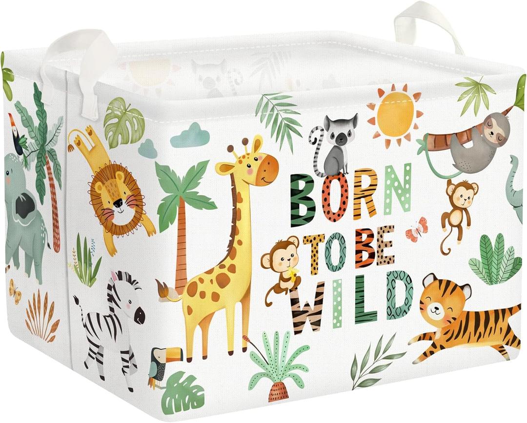 Clastyle 36L Boho Tropical Animal Tree Elephant Kid Storage Basket Rectangle Giraffe Lion Tiger Clothes Toy Nursery Bin Book Shelf Basket