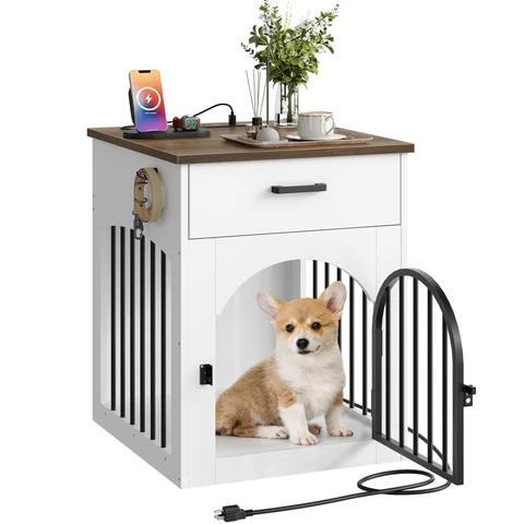 CHOEZON Dog Crate Furniture, Wooden Dog House with Charging Station and Storage Drawer, Indoor Pet Crate End Table for Small Breeds, for Living Room, Bedroom, White and Walnut MGW01UWL