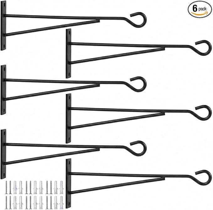 Eyrosa 8" Hanging Plant Hooks (6 Pack), Rust-Proof Metal Wall Brackets for Vertical Garden, Sturdy Plant Hangers for Outdoor Fence, Bird Feeders, Lanterns & Wind Chimes, Black Minimalist Decor