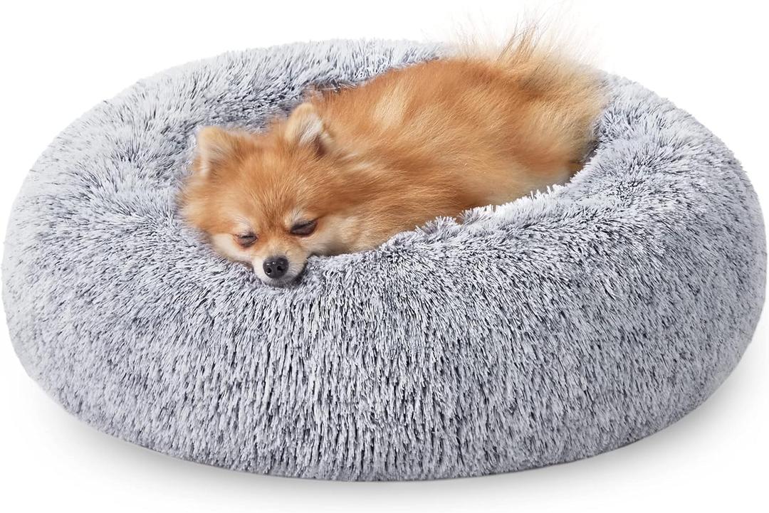 JOLLYVOGUE Calming Dog & Cat Bed for Small Dogs, Anti-Anxiety Donut Cuddler Cozy Soft Round Bed with Anti-Slip Bottom, Fluffy Faux Fur Plush Cushion Beds for Small Medium Dogs (20") (Smoke Grey)
