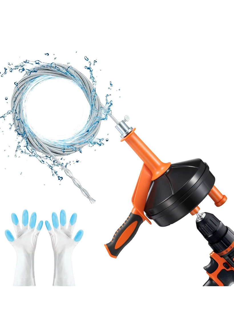 Drain Auger, Clog Remover with Drill Adapter, 25 Feet Flexible Plumbing Snake Use Manually or Powered for Kitchen, Bathroom and Shower Sink, Comes with Gloves (Orange)