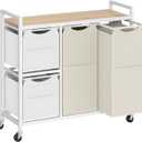 HOOBRO Laundry Sorter with 4 Section, 34 Gal. (127 L) Laundry Hamper with Wheels, Rolling Laundry Basket with Shelves, Pull-Out Detachable Bags, Side Pockets, White, Natural and Beige WNE14XY01N1