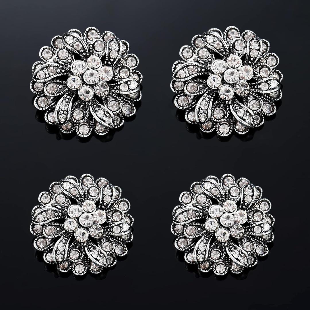 4 Pcs Sliver Rhinestone Buttons Crystal Embellishments for Clothing Jewelry Making DIY Decoration Bottons for Sewing Crafts Wedding Bridal(Button-3)