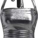 Floerns Women's Sparkly Metallic Clubwear Halter Tie Neck Sleeveless Ruched Tank Top, Small
