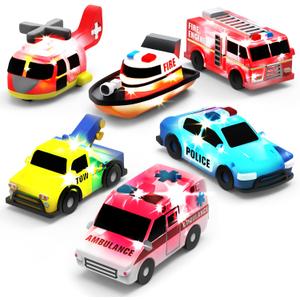 Tub Works Emergency Cars Light Up Bath Toys, 6 Pack | Water-Activated Light Up Toys Flash & Change Color | Soft, Squeezable Baby & Toddler Bath Toys | Sensory Toys with Bath Lights for Kids Bath