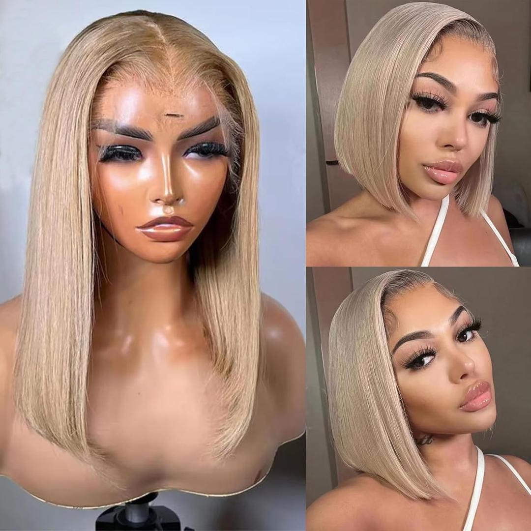 Munx 13x6 HD Lace Front Wigs 100% Human Hair Ash Blonde Bob Wig Pre Plucked 180% Density Glueless Transparent Lace Front Wig for Black Women with Baby Hair 14in Bleached Knots