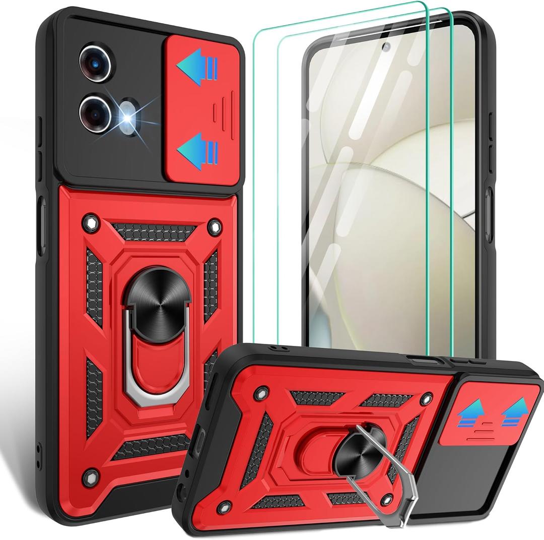 for Motorola G Power 5G 2024 Case with Screen Protector*2 with Slide Camera Cover, 360Rotation Ring Kickstand [Military Grade],Red