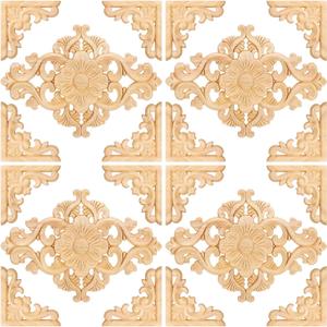 20 Pcs Wood Appliques and Onlays for Furniture Wooden Carved Onlay Appliques Decorative DIY Carving Decals for Wall Cupboard Door Bed Cabinet