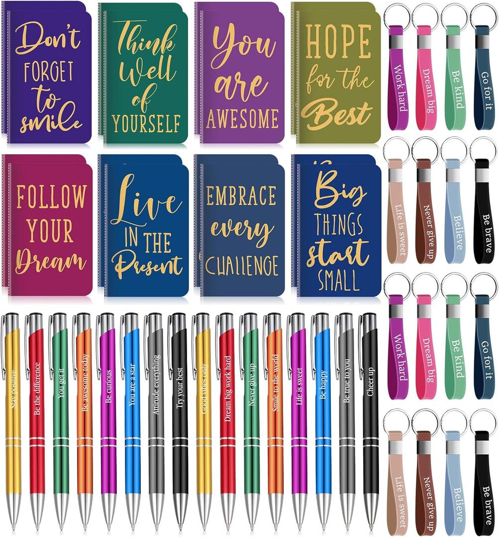 PerKoop 48 Pcs Inspirational Gifts Set Inspirational Quote Notepads 3 x 5 Inch Motivational Ballpoint Pens Keychains Bulk Colorful Journal Notebooks for School Office Party Favor Supplies
