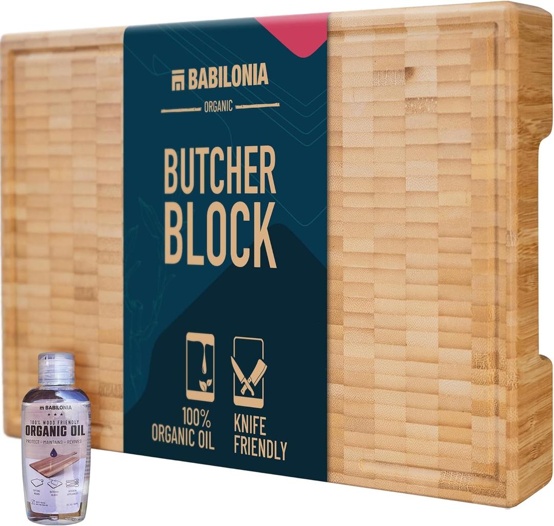 Bamboo Cutting Board, 15.7 x 10.2 Inch (ExtraThick 1.7") Hardwood Butcher Block, Charcuterie Board, Non Toxic End Grain Wood Chopping Board with Juice Groove & Handles (Oil & Plate Included)