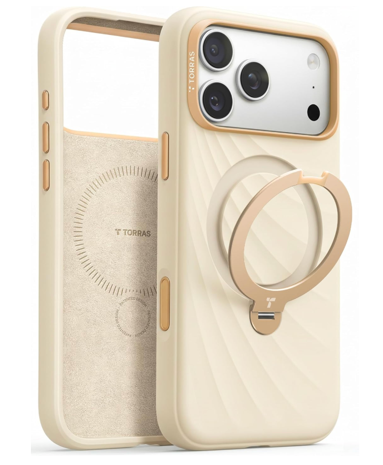 TORRAS Q3 Wind Flow for iPhone 17 Pro Max Case Liquid Silicone, Fit for MagSafe, 360 Spin Magnetic Stand, Soft Grip, Camera Control, Protective Case for iPhone 17 Pro Max Case with Stand, Cream Sand