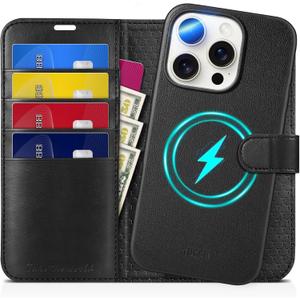 TUCCH Case Wallet for iPhone 16 Pro, [Detachable] Kickstand RFID Blocking 4 Card Slot Shockproof Wireless Charging Case, PU Leather Magnetic Removable Cover Compatible with iPhone 16 Pro, Full Black