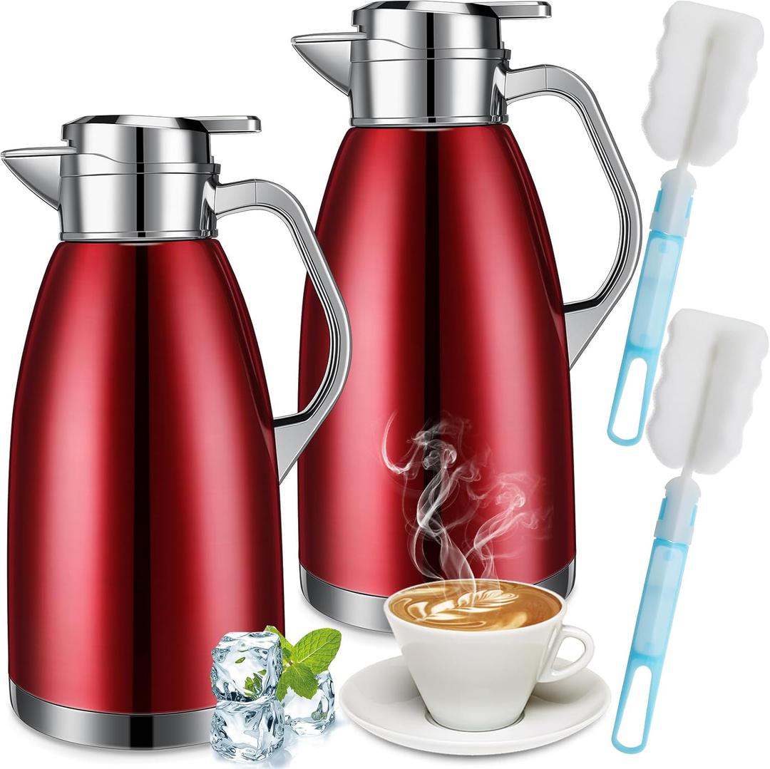 Tioncy 2 Pcs Thermal Coffee 78oz Insulated Carafe Hot Water Dispenser Stainless Steel Carafe for Hot Liquid Coffee Tea Milk with 2 Brushes Keep 12 Hours Hot 24 Hours Cold(Wine Red)