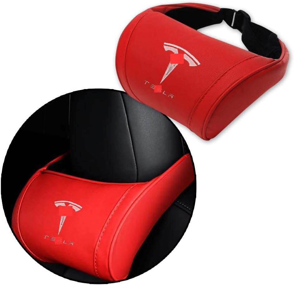 Car Headrest Neck Pillow Support Memory Foam Ergonomic Design Accessory for Driving Seat Fatigue Relief Compatible with Model S X 3 Y & Cybertruck - 1 Piece (C. Red Ver. 2)