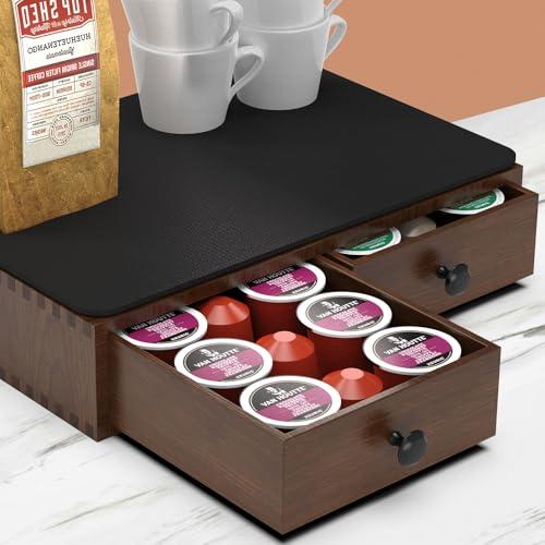 K Cup Holder, Wooden K Cup Organizer Box for Counter, Tea and Coffee Pod Storage Drawer Coffee Maker Stand, 30 Pod Capacity, Walnut Black