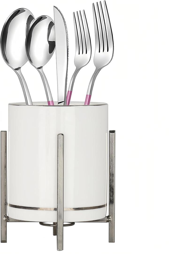 Farmhouse Flatware Holder for Dinner Table, Kitchen Holder for Serving Utensils, Decorative Cutlery Utensil Holder for Kitchen or Parties, Cup with Silver Trim, 1 Pcs