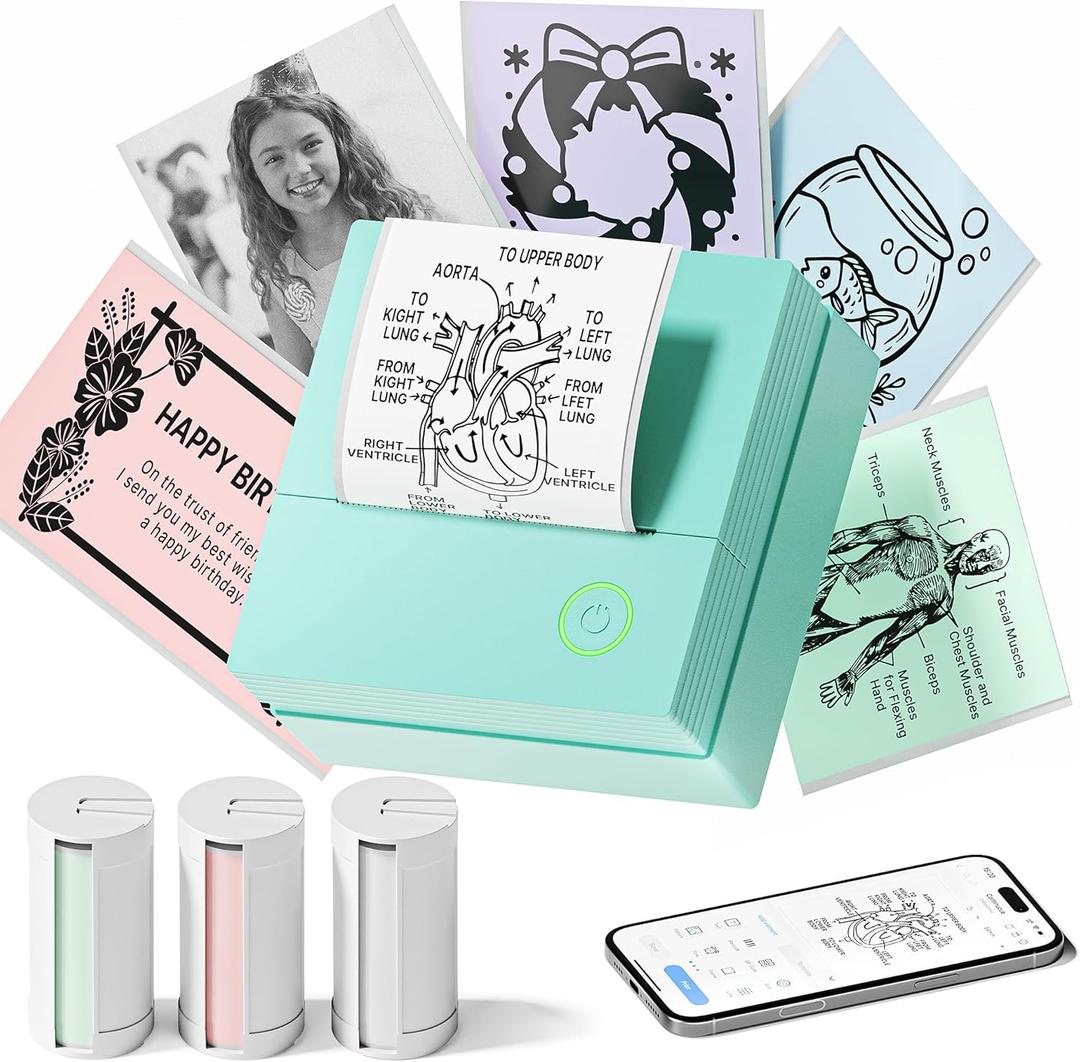 Sticker Printer, PM290 Mini Printer, Bluetooth Sticker Maker Machine with 3 Rolls Paper, Smart AI APP, Portable Print Pod for Study Note, Picture, List, DIY Gifts for School Office Home, Green