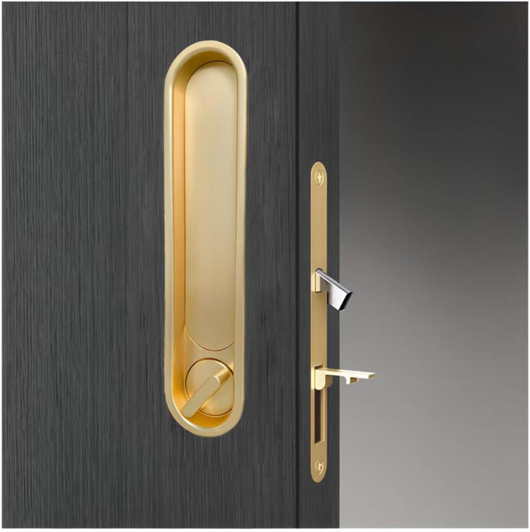 Gold Pocket Door Lock and Pull Handle - 2-in-1 Privacy Lock for Bedroom, Bathroom, Office | No Keyhole, Hidden Screws, Fits 1-3/8 to 1-3/4 Inch Solid Wood Doors